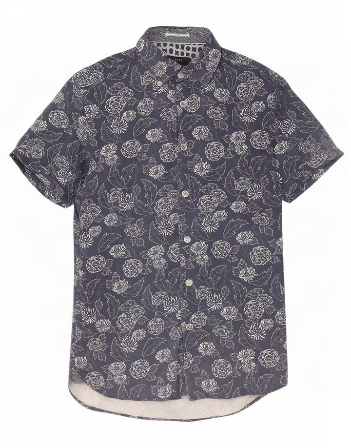Ted Baker Camisa de manga corta para hombre Talla 2 Pequeña Algodón floral azul marino
