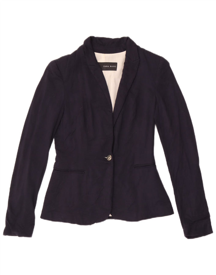 ZARA Mujer Chaqueta Blazer De 1 Botón UK 6 XS Viscosa Azul Marino