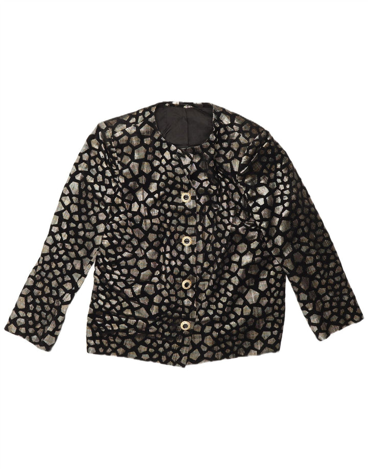 Vintage mujer 5 botones Blazer chaqueta Reino Unido 12 medio negro geométrico retro