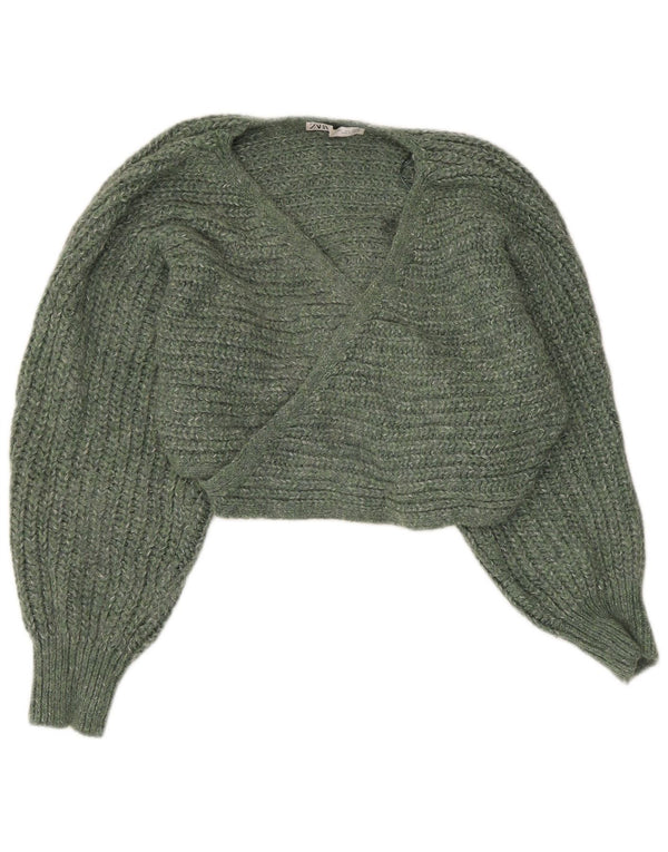 Zara Mujer Crop Wrap Cardigan Suéter UK 46 Grande Verde Moteado Acrílico
