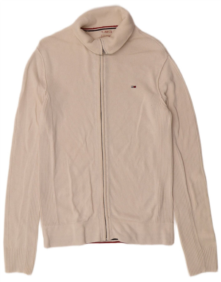 Tommy Hilfiger Suéter tipo cárdigan para hombre pequeño de algodón blanco roto