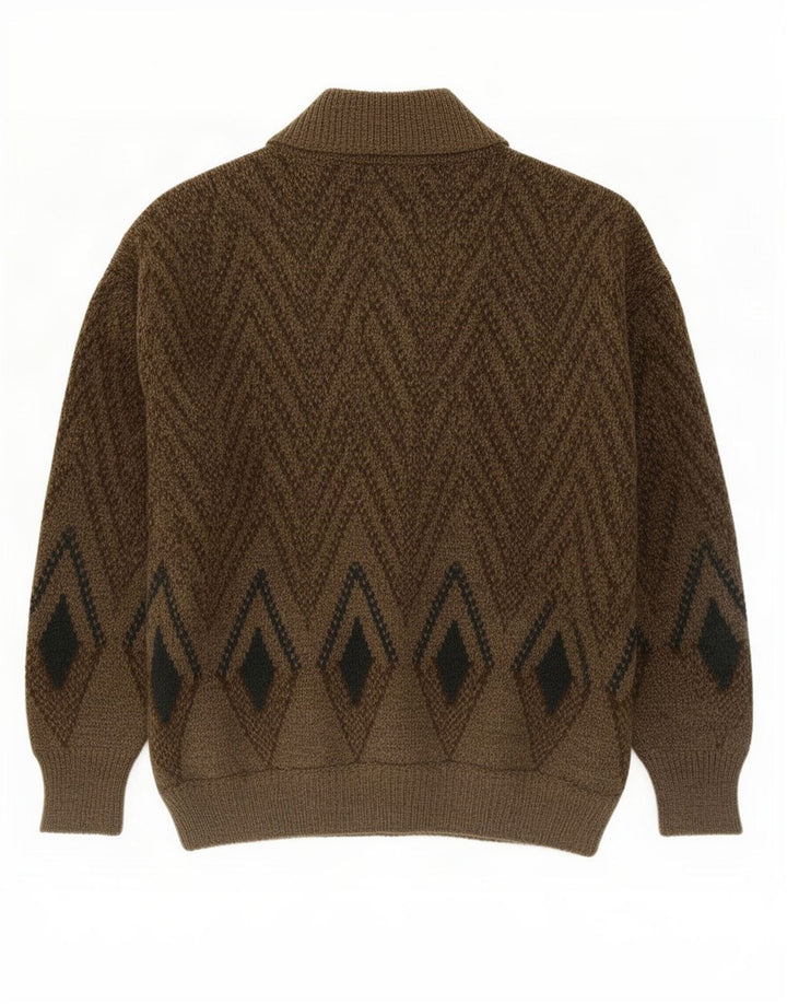 Vintage hombres Cardigan suéter medio caqui lana geométrica