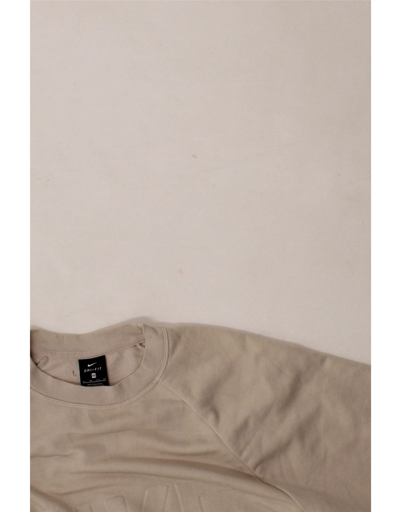 NIKE Womens Dri Fit Crop Graphic Sweatshirt Jumper UK 6 XS Beige Polyester Vintage Nike and Second-Hand Nike from Messina Hembry 