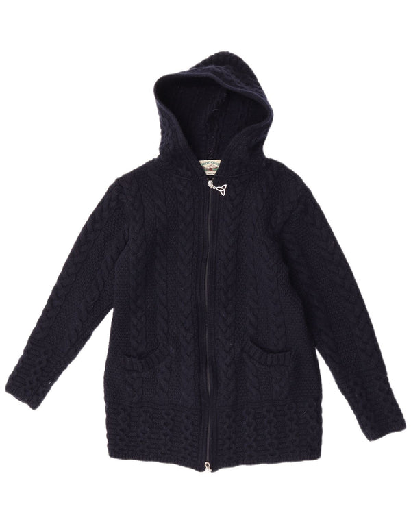Aran Crafts Suéter tipo cárdigan con capucha para mujer UK 6 XS Lana merino azul marino