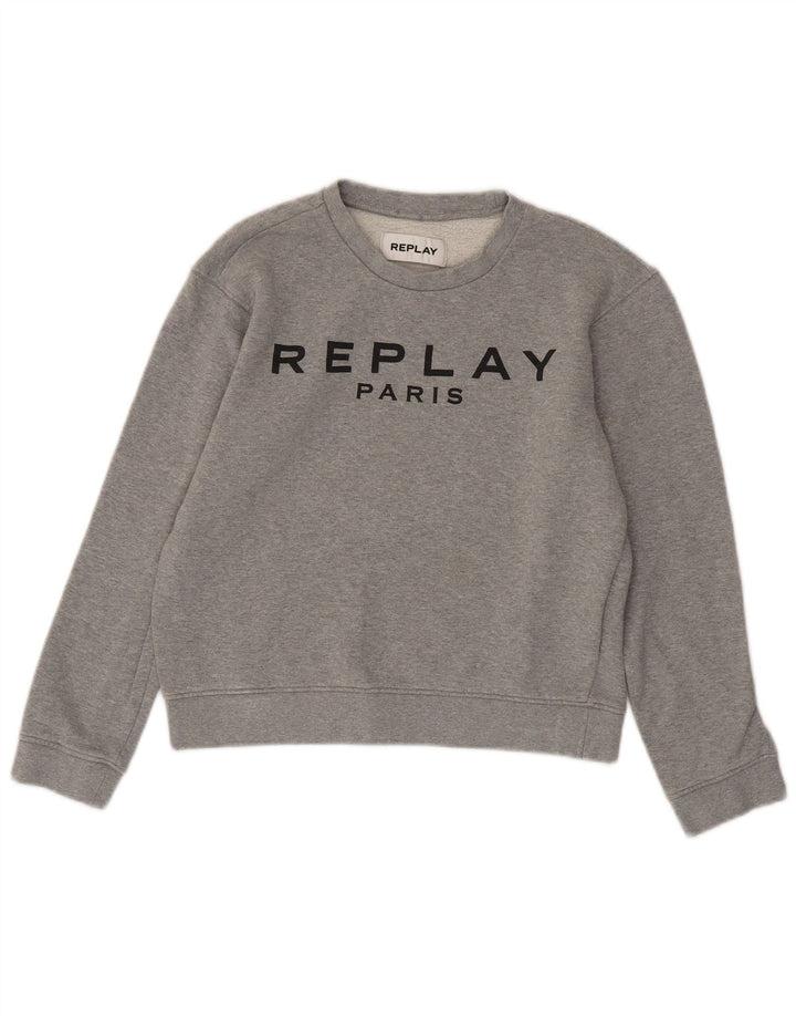 REPLAY Mujer Paris Crop Graphic Sudadera Jumper UK 10 Small Gris Algodón
