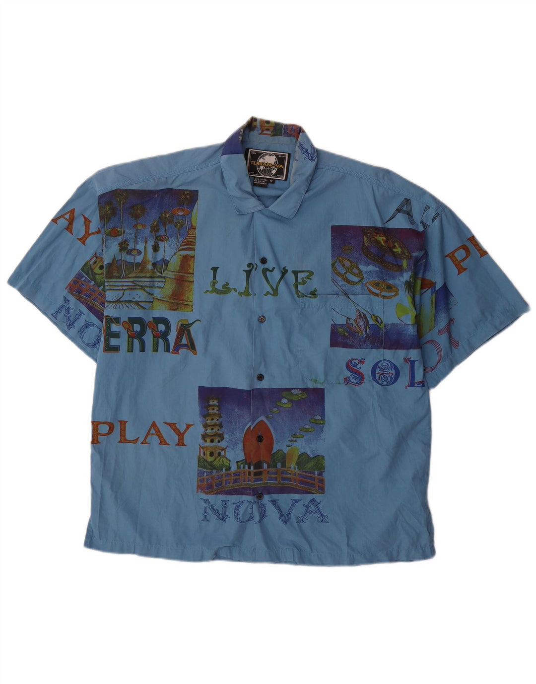 TERRANOVA Camisa gráfica de manga corta para hombre Algodón patchwork azul medio