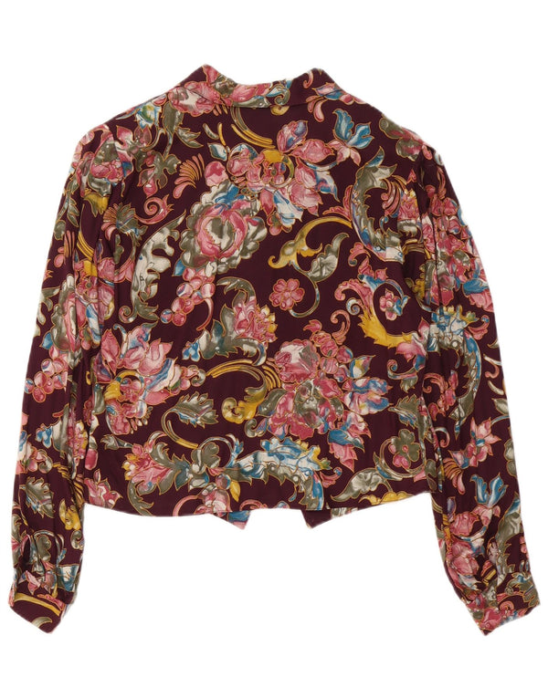 Vintage mujer camisa blusa Reino Unido 10 pequeño borgoña floral viscosa