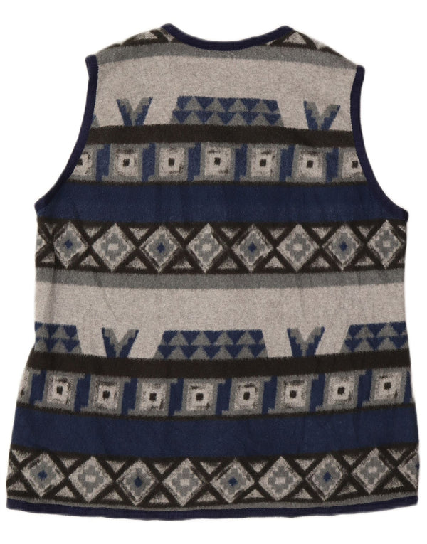 VINTAGE Mujer Fleece Gilet Reino Unido 16 Grande Azul Marino Geométrico