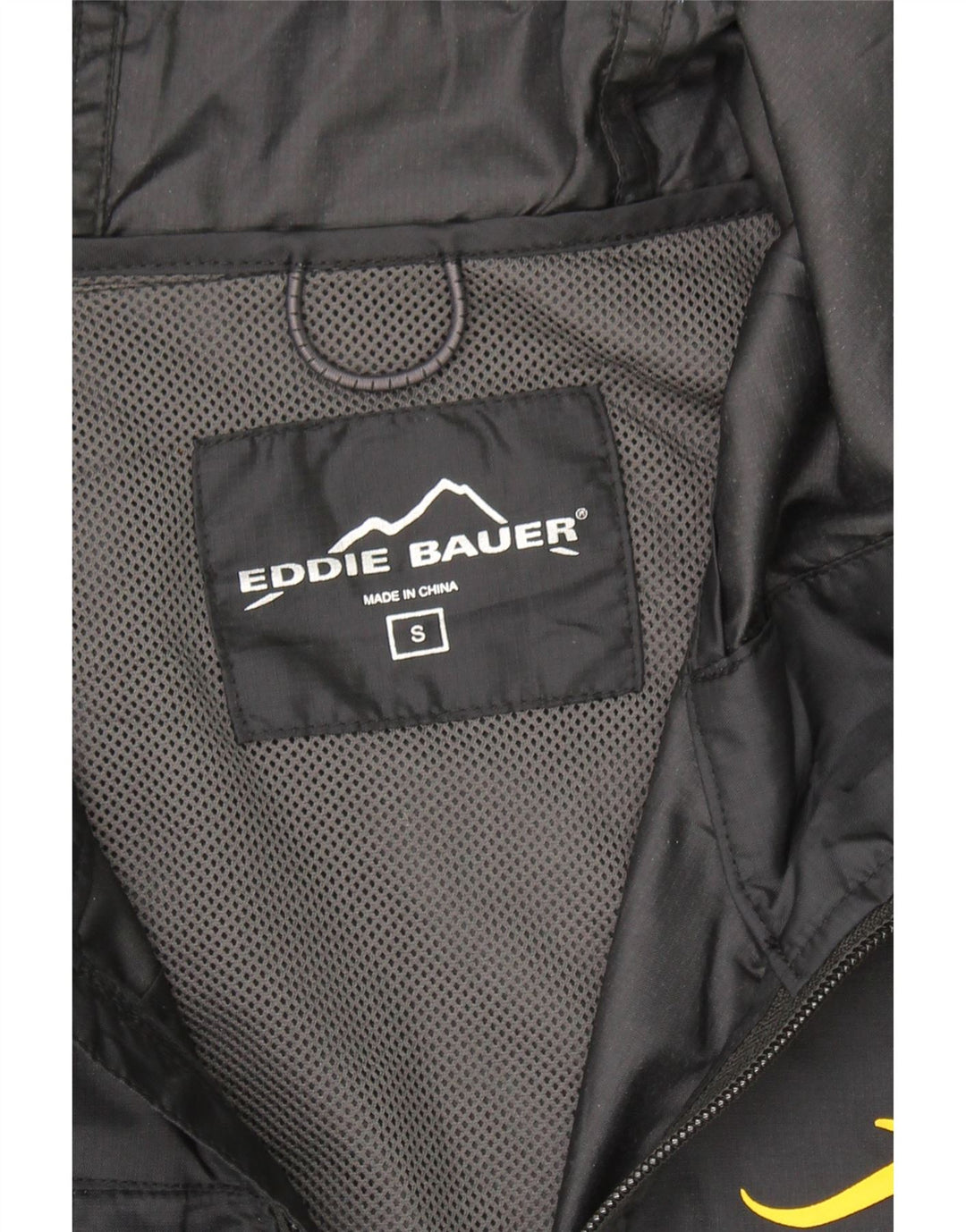 EDDIE BAUER Mens Hooded Graphic Rain Jacket UK 36 Small Black Nylon Vintage Eddie Bauer and Second-Hand Eddie Bauer from Messina Hembry 