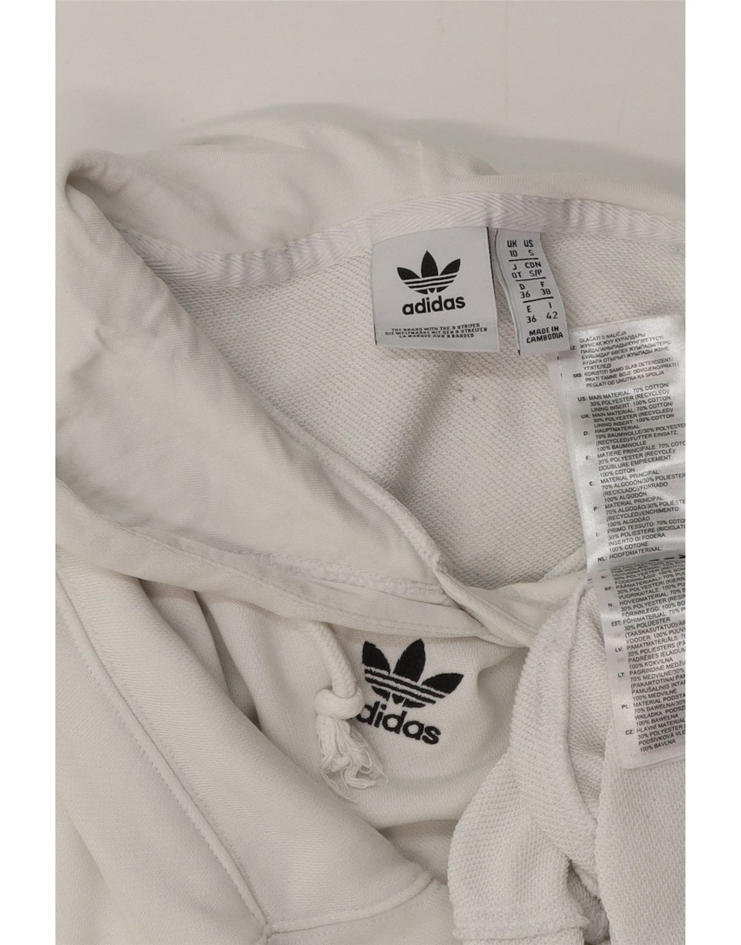 ADIDAS Jersey con capucha corta de gran tamaño para mujer UK 10 Small White Cotton