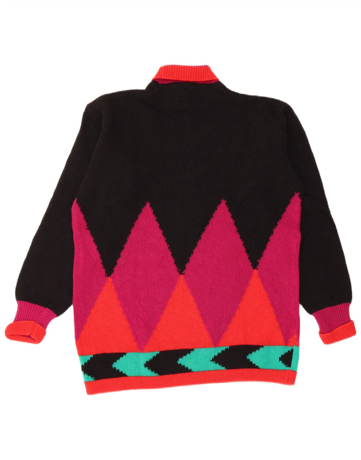 Vintage mujer rollo cuello jersey suéter Reino Unido 12 medio negro Argyle/Diamond