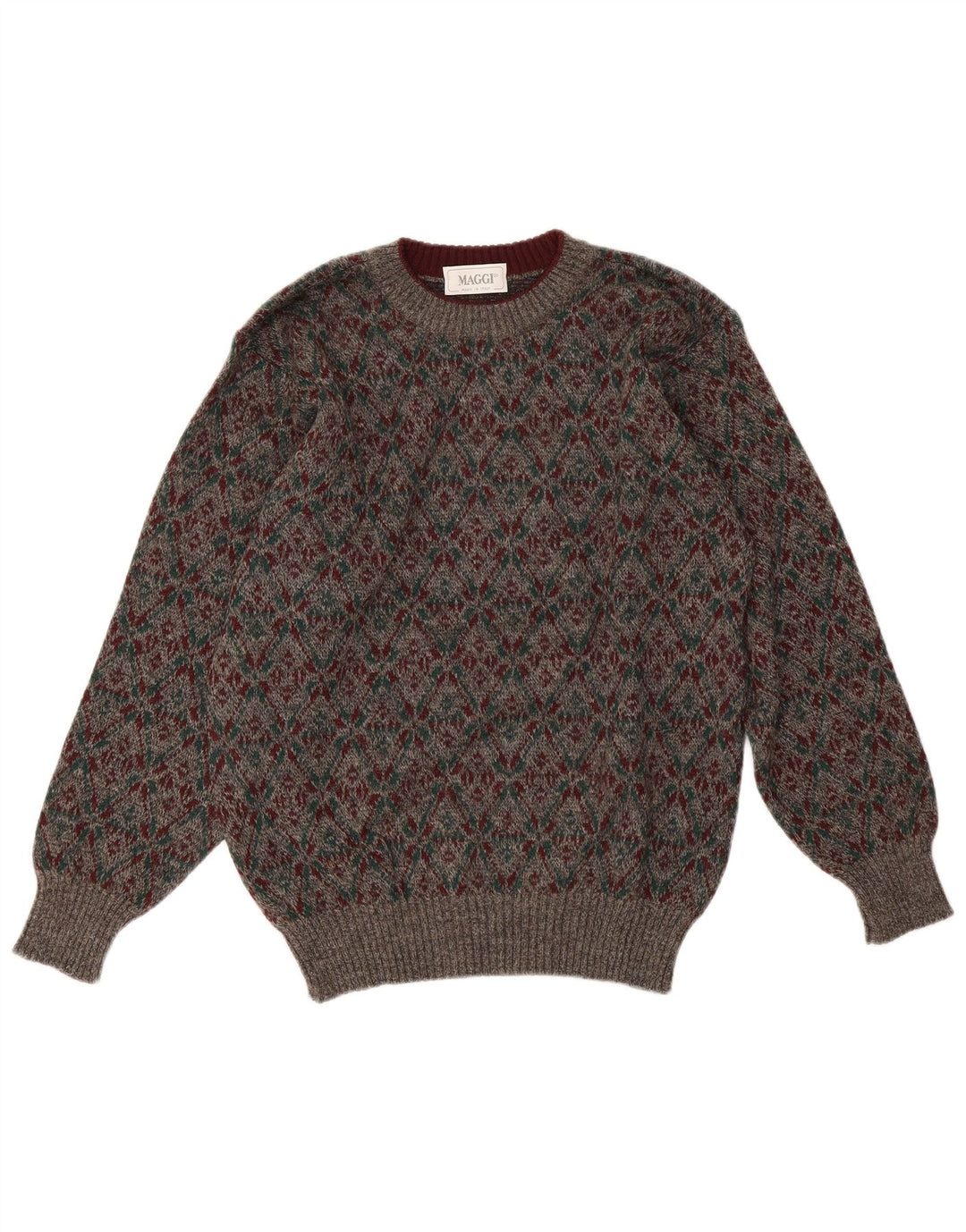 Vintage hombres cuello redondo jersey suéter gris medio lana geométrica