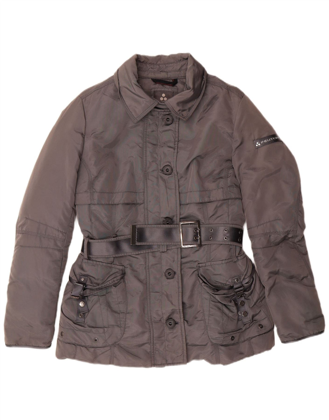 PEUTEREY Chaqueta acolchada con cinturón para mujer IT 46 Large Grey Polyamide Classic