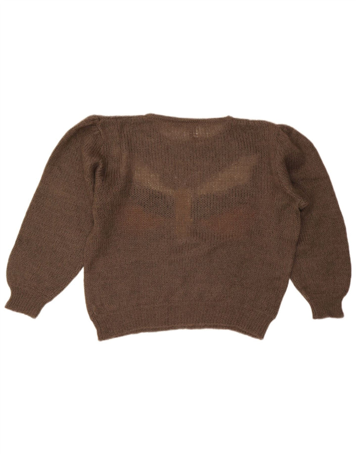 VINTAGE Mujer Crop Crew Neck Jumper Suéter Reino Unido 16 Mariposa Marrón Grande