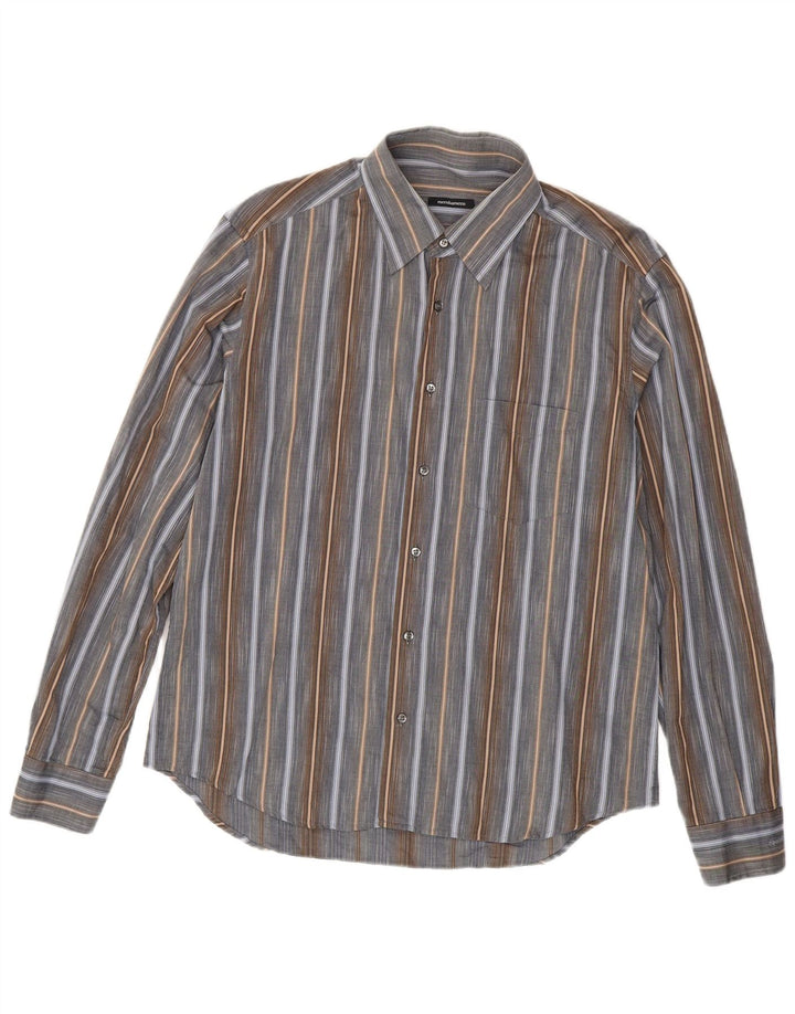 Camisa Roccobarocco Hombre Grande Algodón Rayas Gris