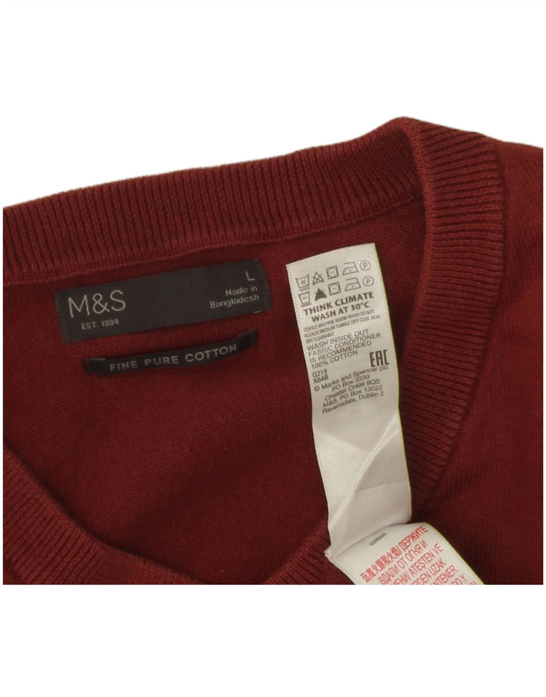 Marks & Spencer Jersey con cuello en V para hombre, talla grande, algodón granate