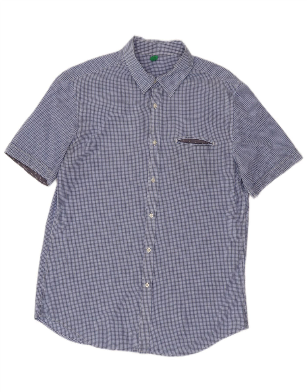 Benetton Hombre Camisa De Manga Corta De Cuadros Azul Medio