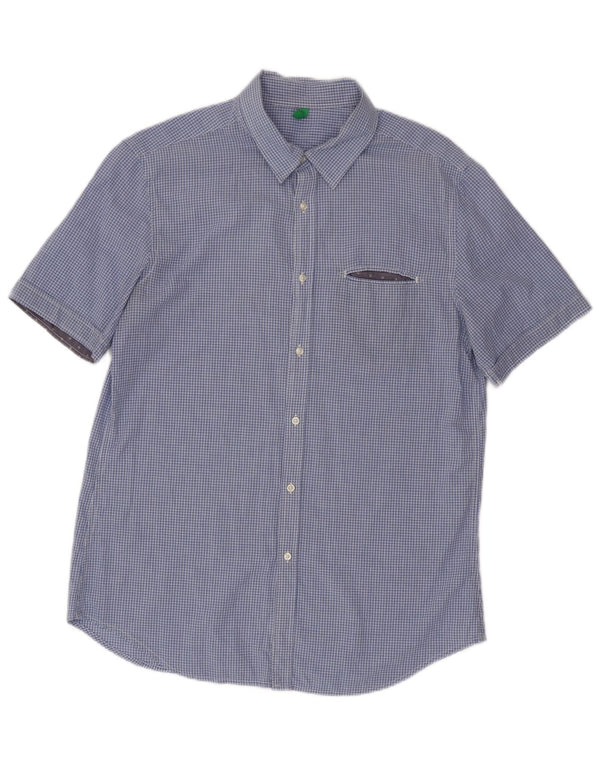 Benetton Hombre Camisa De Manga Corta De Cuadros Azul Medio