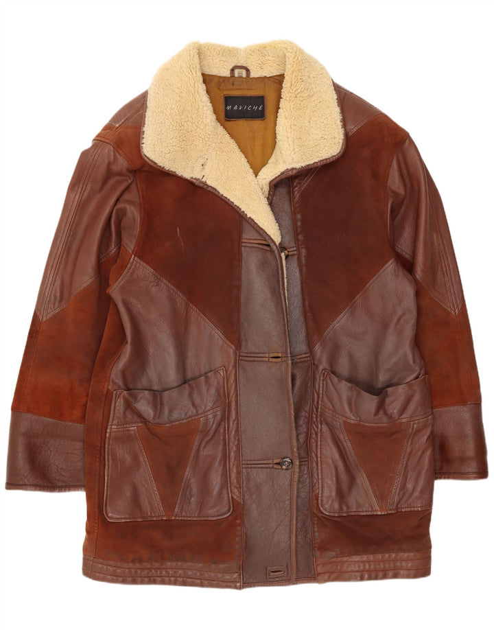 Maviche Abrigo de cuero extragrande para mujer UK 42 Marrón medio Colorblock