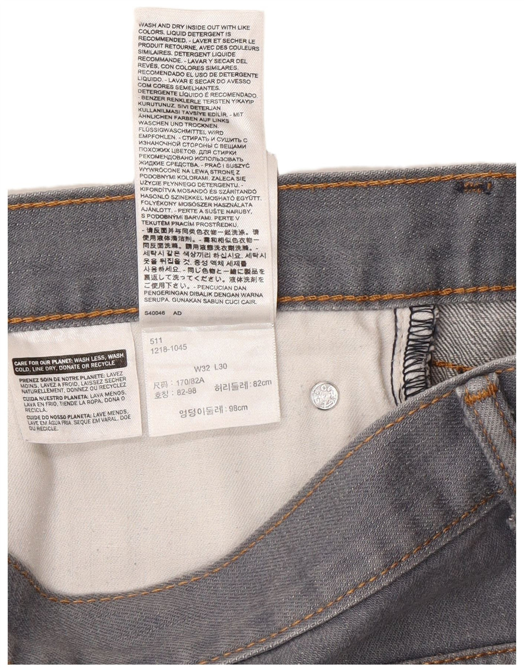 Levi's Hombre 511 Tapered Slim Jeans W32 L30 Algodón Gris