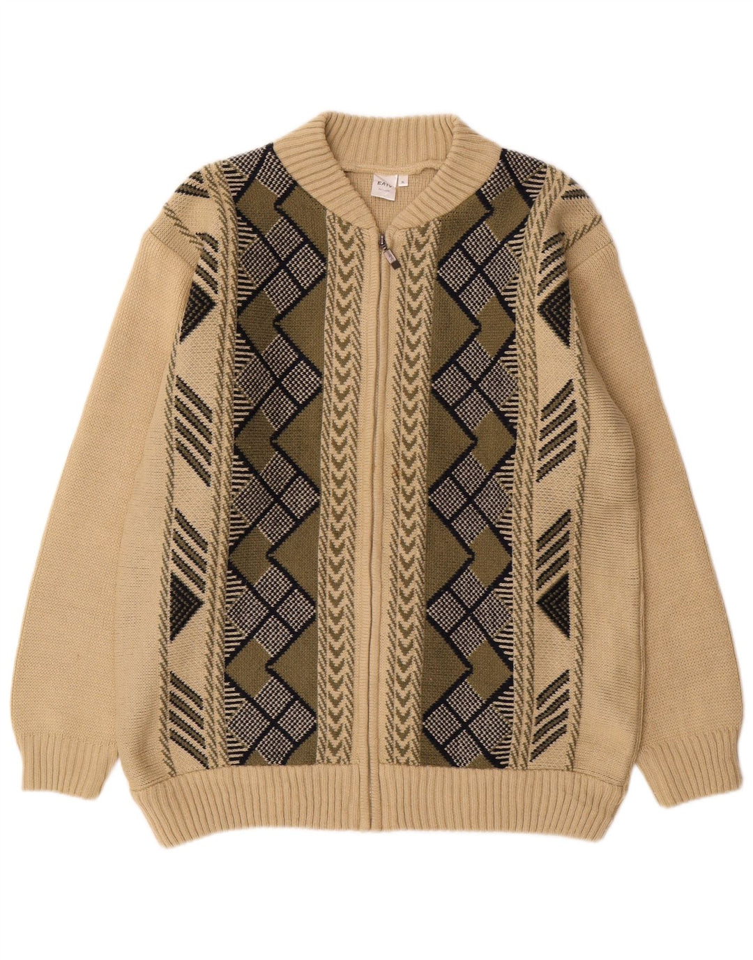 VINTAGE Hombres Cardigan Suéter XL Beige Geométrico Acrílico
