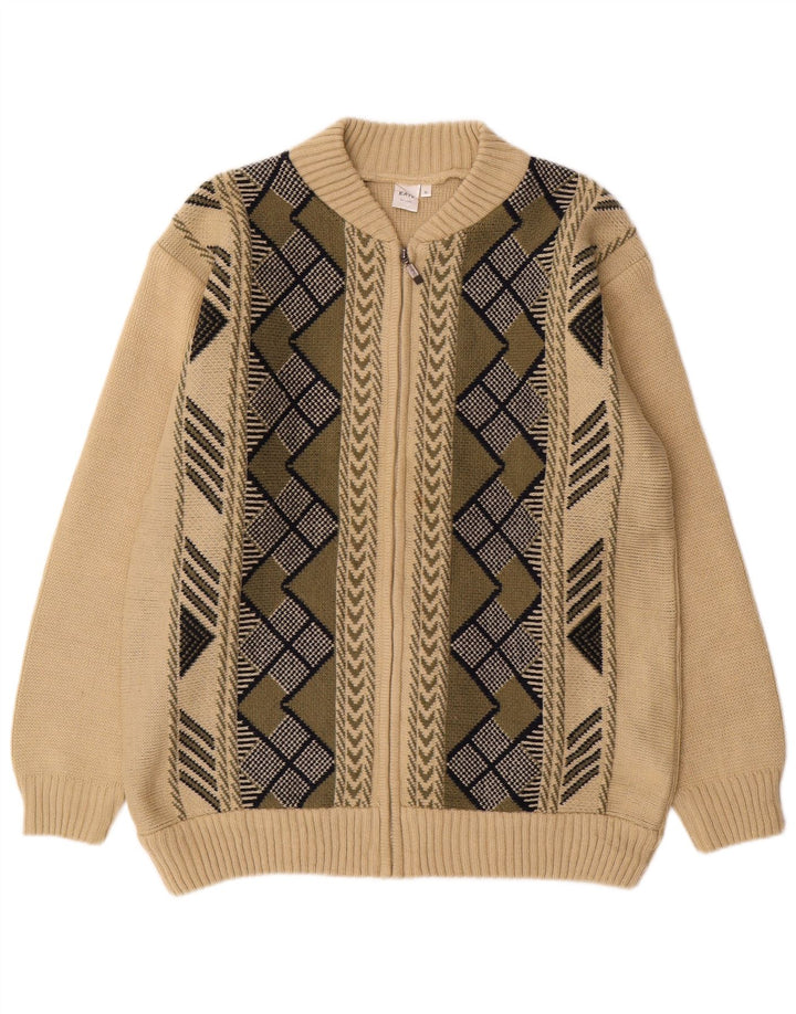 VINTAGE Hombres Cardigan Suéter XL Beige Geométrico Acrílico