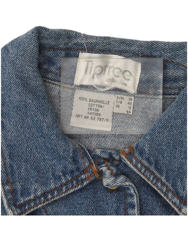 Vintage mujer chaqueta de mezclilla Reino Unido 12 azul medio colorblock algodón