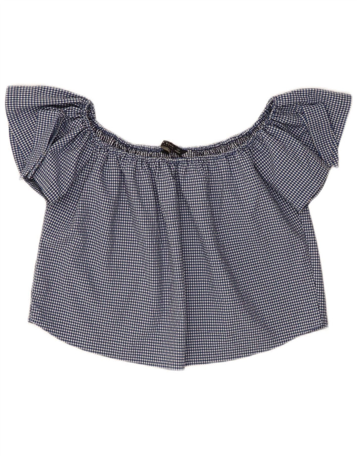 Zara Mujer Top Corto Con Hombros Descubiertos UK 10 Small Azul Marino Gingham