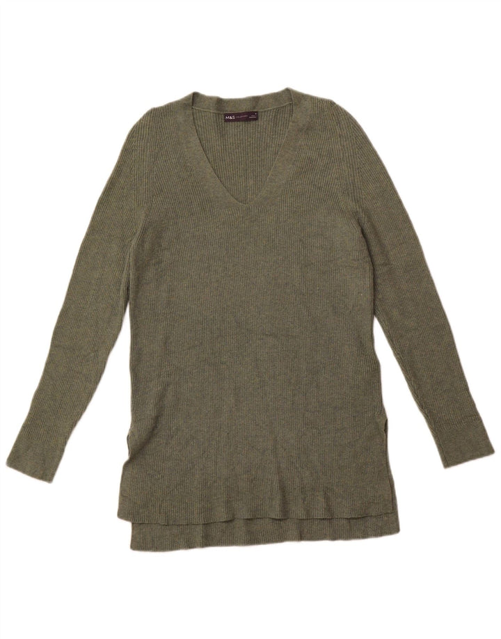 Marks & Spencer Jersey con cuello en V para mujer UK 10 Pequeño Poliéster verde