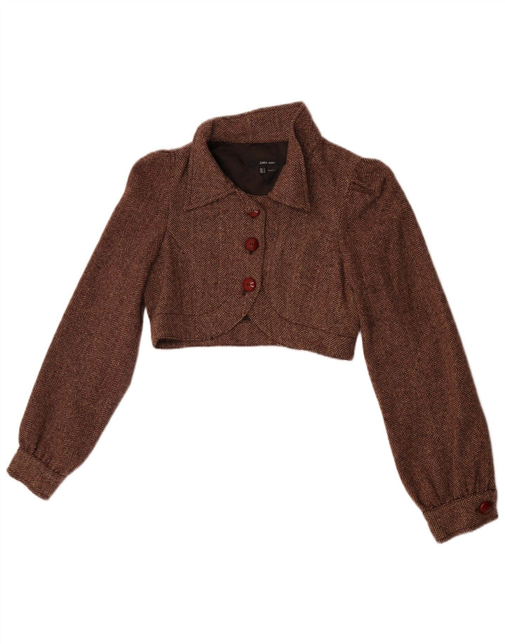 Zara Chaqueta Bolero para Mujer UK 10 Small Brown Herringbone Wool