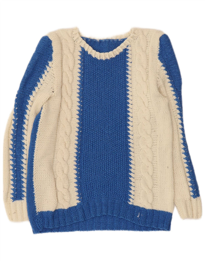 VINTAGE suéter de jersey con cuello en V para mujer Reino Unido 10 Bloque de color azul pequeño