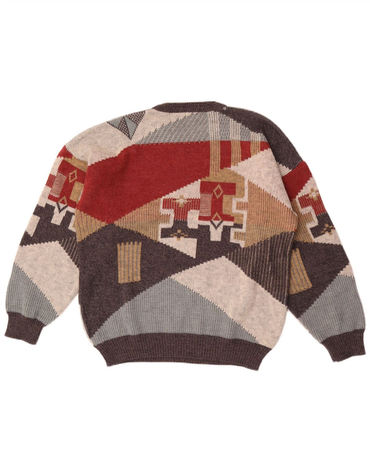 Vintage hombres cuello redondo jersey suéter grande multicolor geométrico