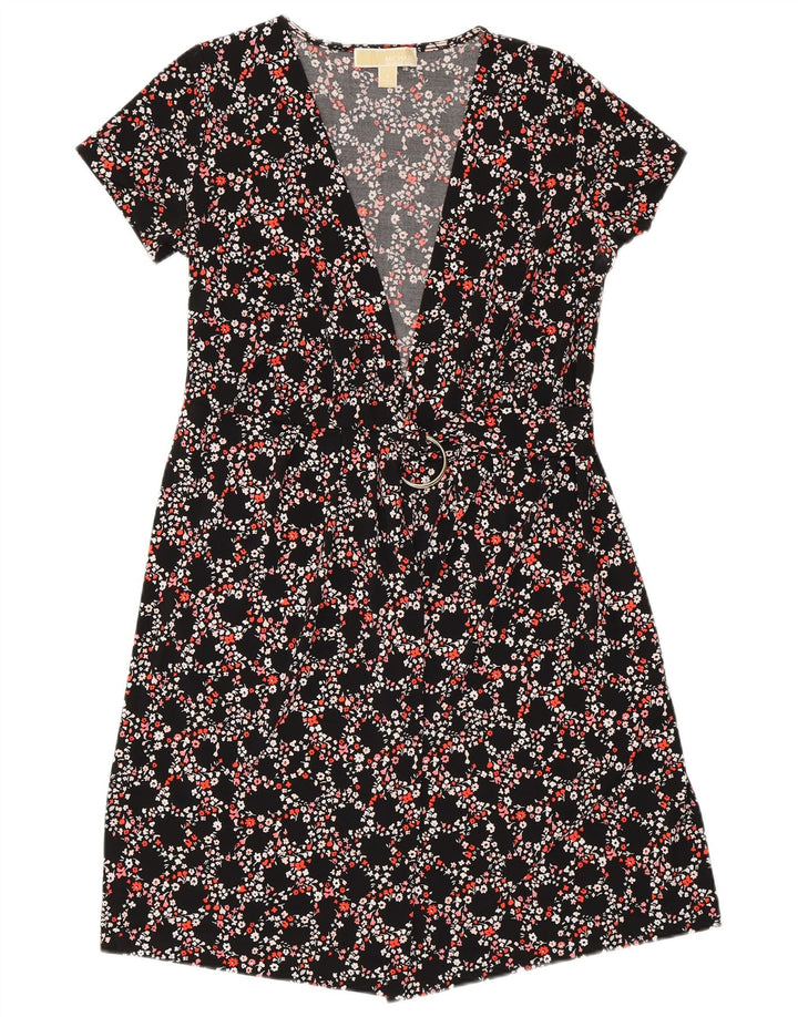 MICHAEL KORS Vestido cruzado para mujer UK 10 Pequeño Poliéster floral negro