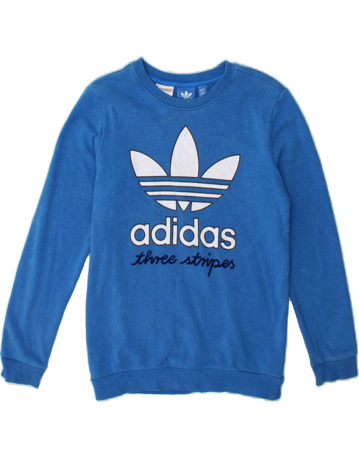 ADIDAS Boys Three Stripes Graphic Sweatshirt Jumper 11-12 Years Blue Vintage Adidas and Second-Hand Adidas from Messina Hembry 