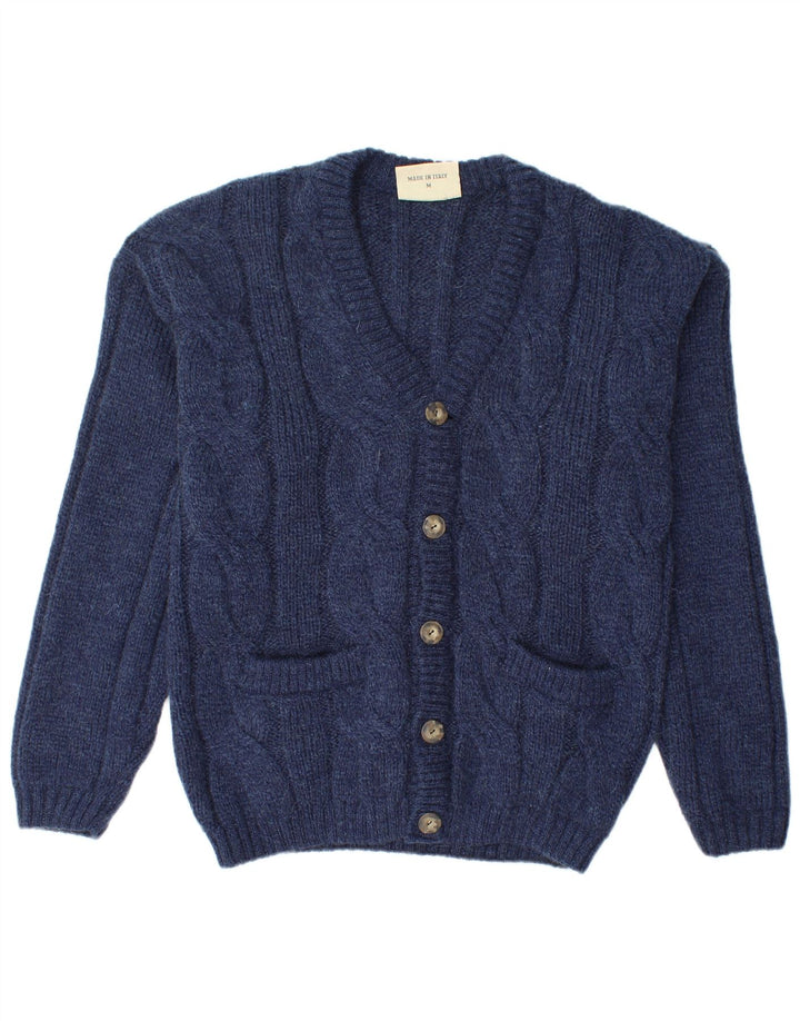 Vintage hombres Cardigan suéter medio azul marino acrílico