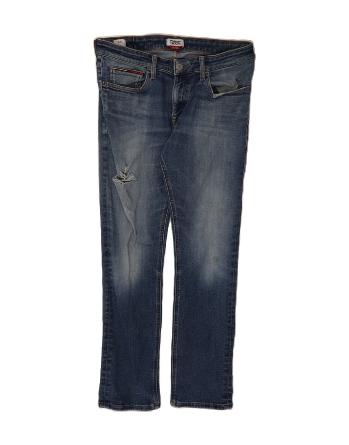 TOMMY HILFIGER Mens Distressed Slim Jeans W34 L30 Blue Cotton Vintage Tommy Hilfiger and Second-Hand Tommy Hilfiger from Messina Hembry 