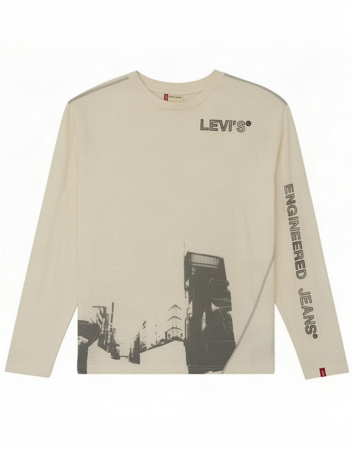 Levi's Mens Engineered Jeans Graphic Top Manga larga Algodón blanco grande