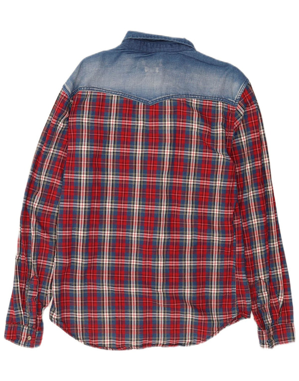 Zara Hombre Camisa Western Slim Fit XL Algodón Cuadros Rojos