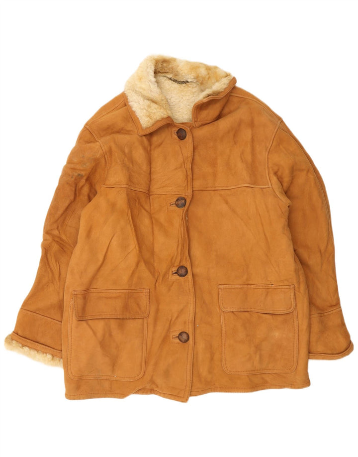 Vintage mujer shearling chaqueta IT 46 cuero marrón grande