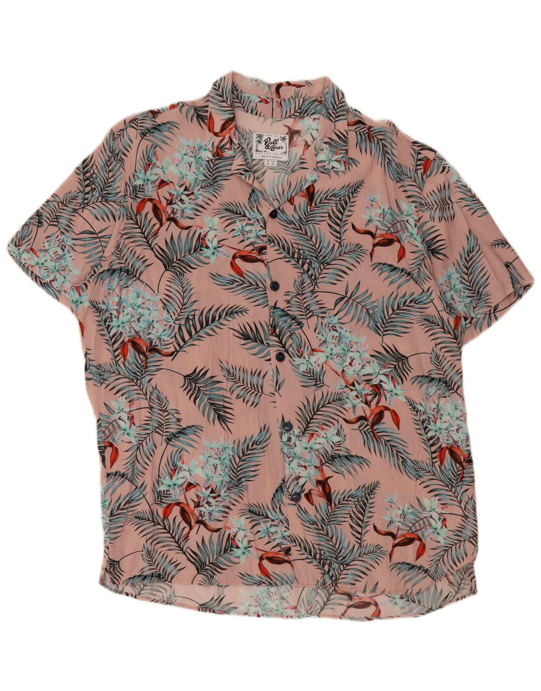 PULL & BEAR Camisa Manga Corta Hombre XL Rosa Floral Viscosa Hawaiana