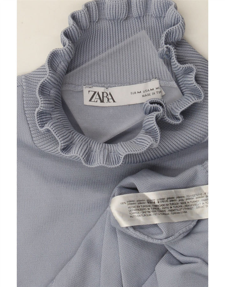 Zara Mujer Crop Turtle Neck Jumper Sweater UK 12 Medio Azul Poliéster