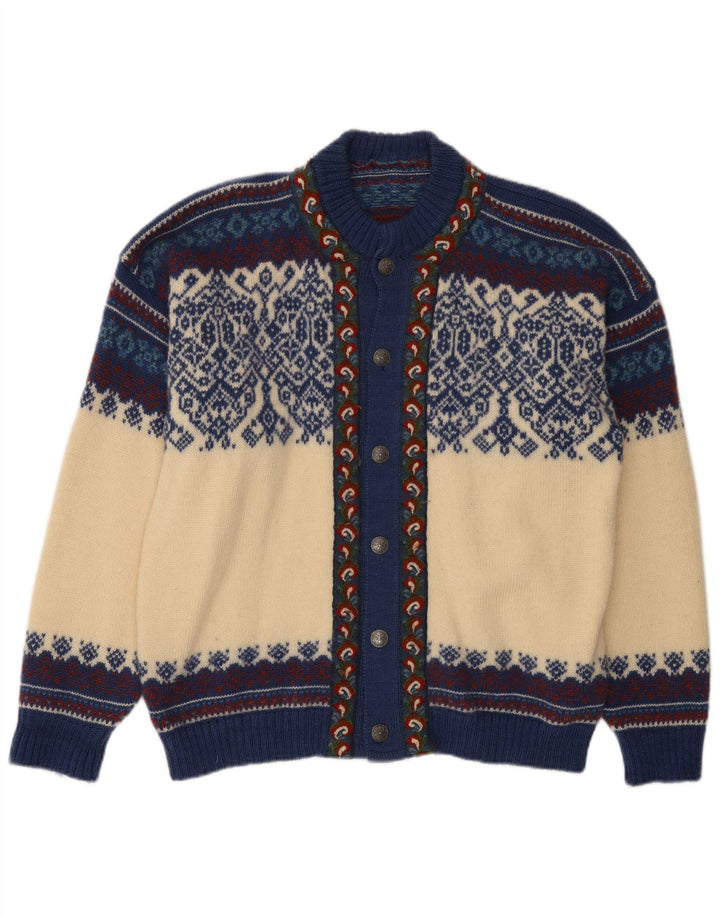 Vintage hombres Cardigan suéter grande de blanco Fair Isle