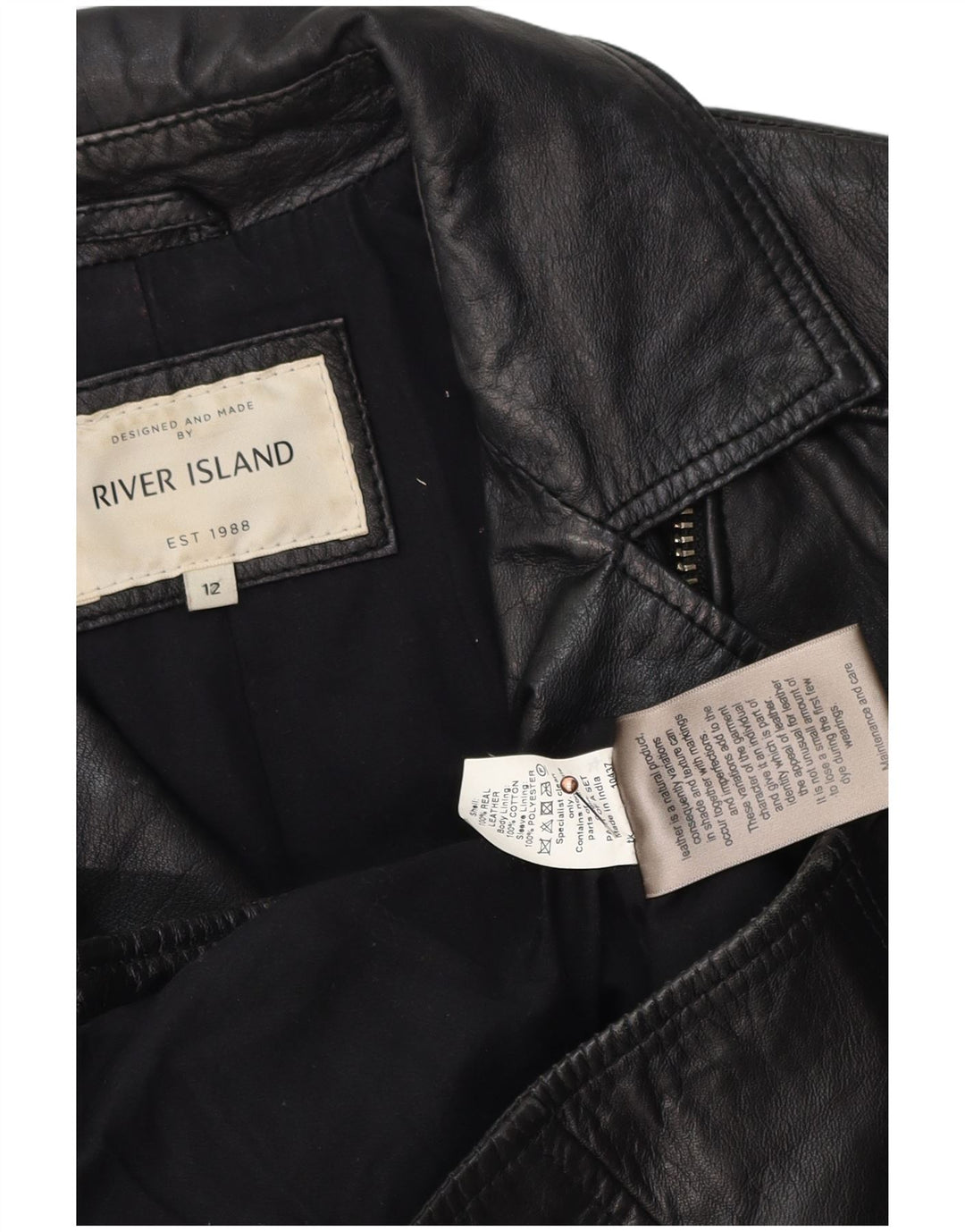 Chaqueta motera de cuero para mujer de River Island, talla 48, talla mediana, negra