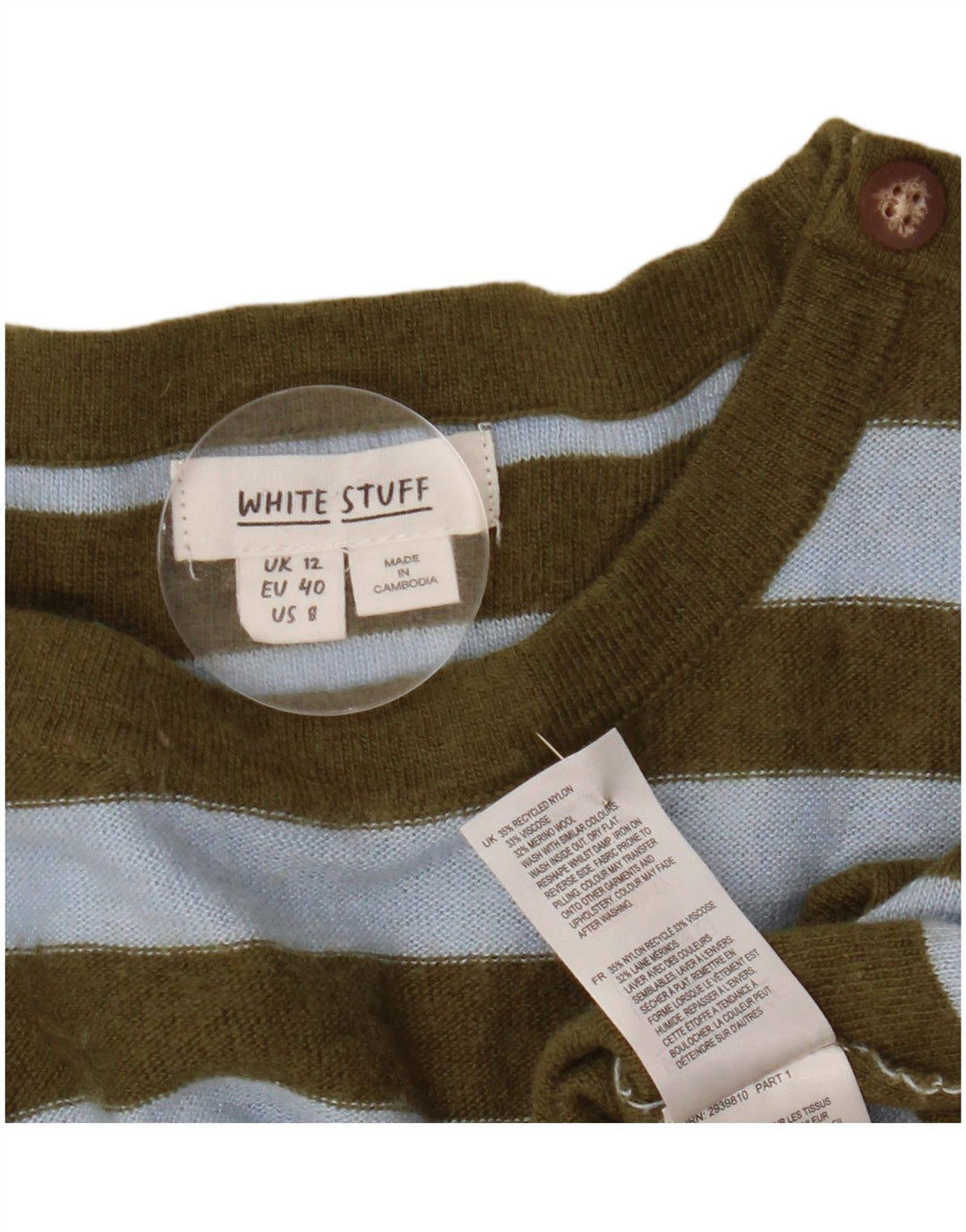 White Stuff Suéter tipo jersey con cuello barco para mujer, talla M, color caqui y rayas