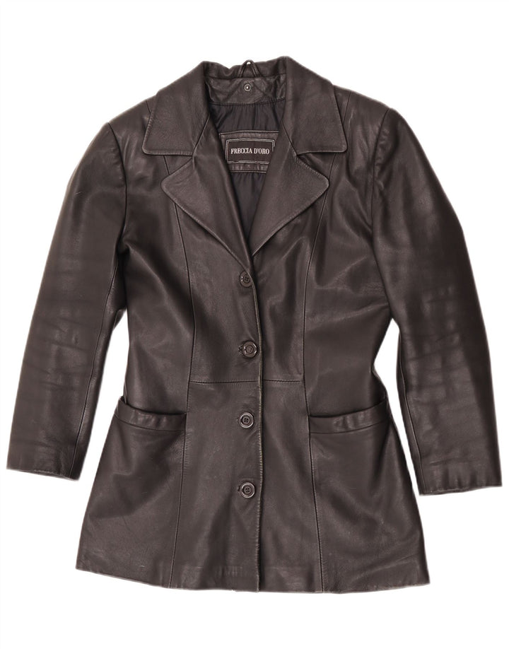 Vintage mujer 4 botón cuero Blazer chaqueta Reino Unido 10 pequeño cuero negro