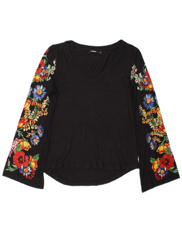 Desigual Mujer Top Manga Larga Reino Unido 10 Pequeño Negro Floral