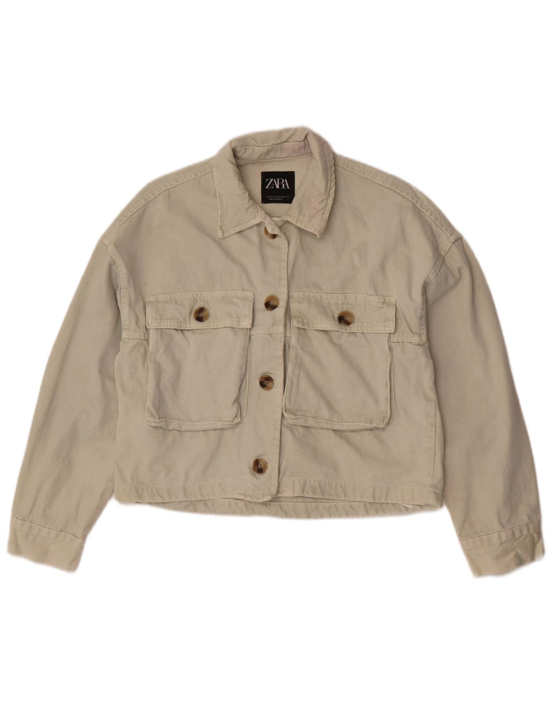 Zara Mujer Crop Denim Chaqueta UK 10 Small Off White Cotton