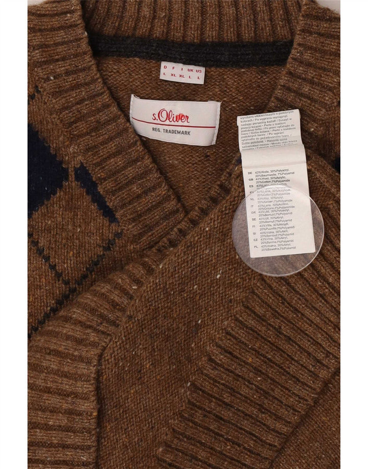 S.Oliver Jersey con Cuello en V para Hombre Grande Marrón Argyle/Lana Diamante