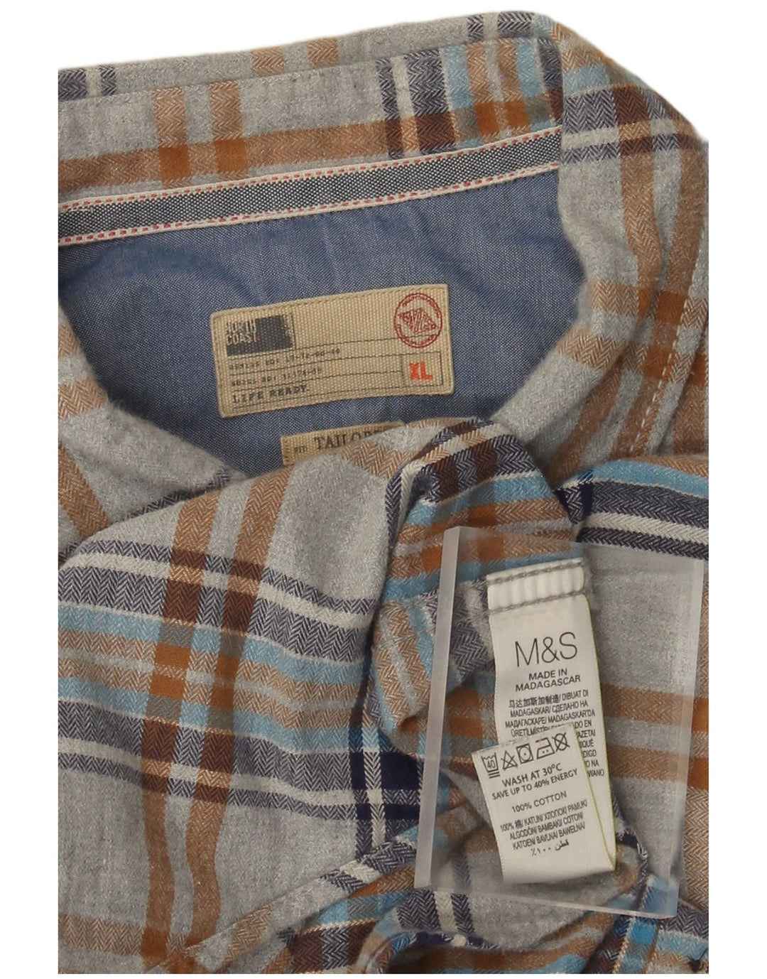 Marks & Spencer Camisa de franela a medida para hombre XL Algodón a cuadros gris
