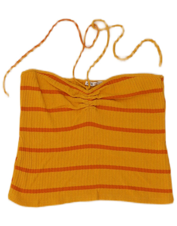 Zara Mujer Crop Halter Top UK 40 Mediano Rayas Amarillas